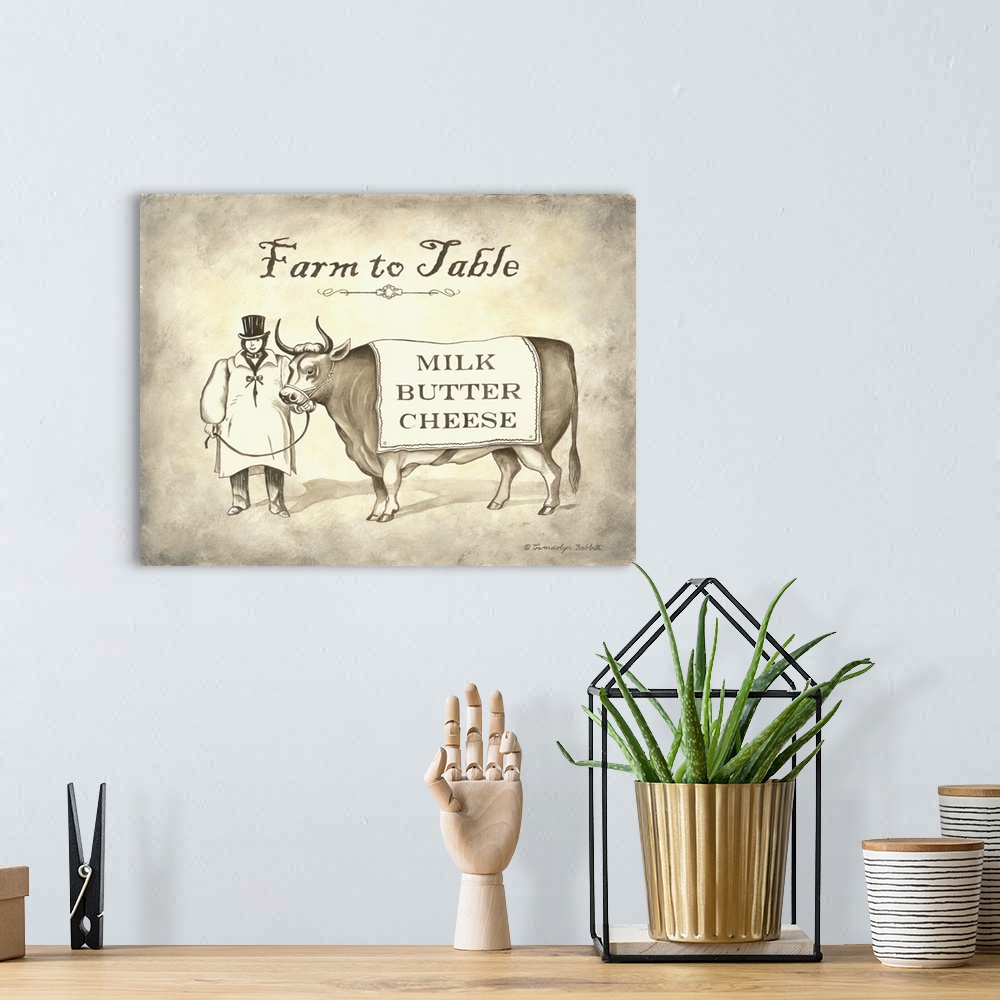 A bohemian room featuring Decorative painting of a man with a cow wearing a blanket that reads "Milk Butter Cheese" and "Fa...
