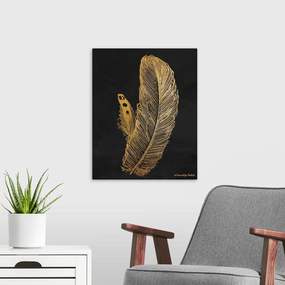 A modern room featuring An illustration of a feather in gold over a black background.