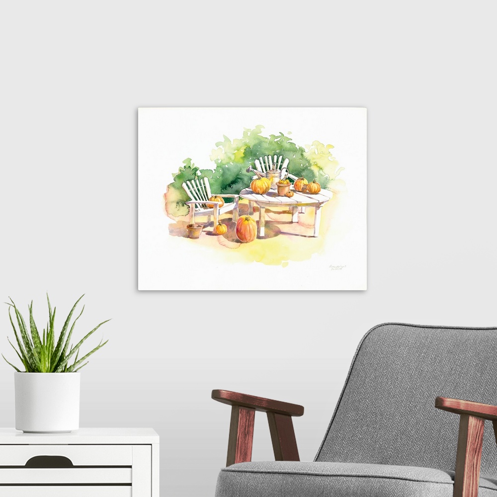 A modern room featuring Watercolor painting of Fall pumpkins on an outdoor table and chair set.