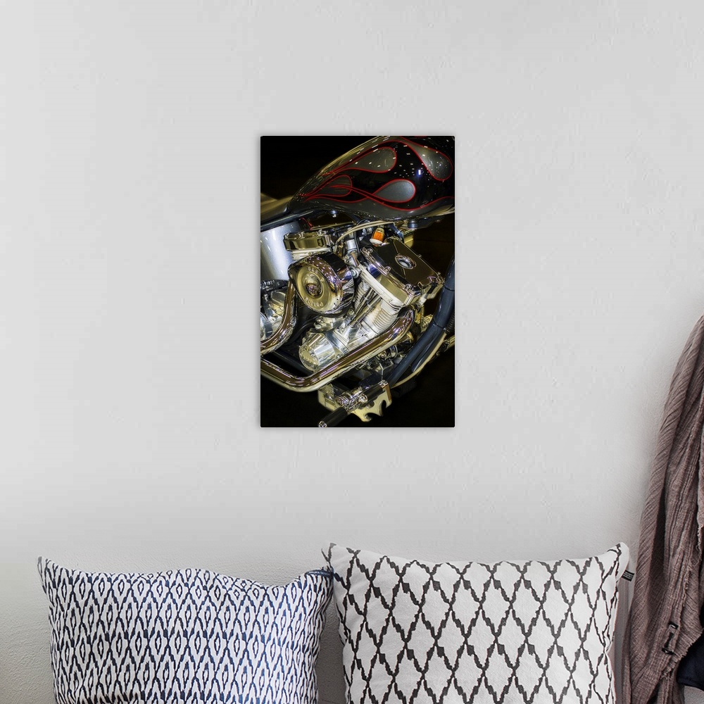 A bohemian room featuring Fine art photograph of the engine and pipes of a vintage motorcycle.