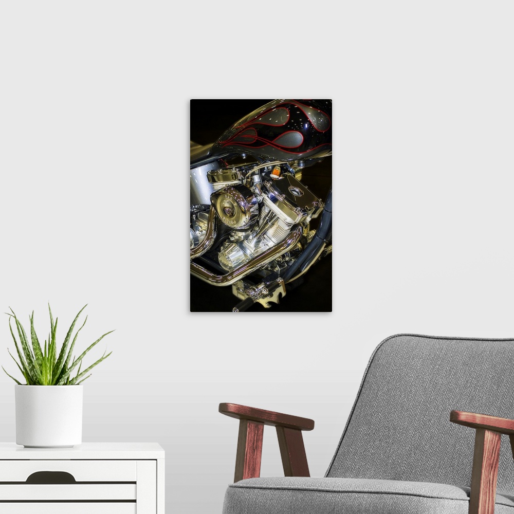 A modern room featuring Fine art photograph of the engine and pipes of a vintage motorcycle.