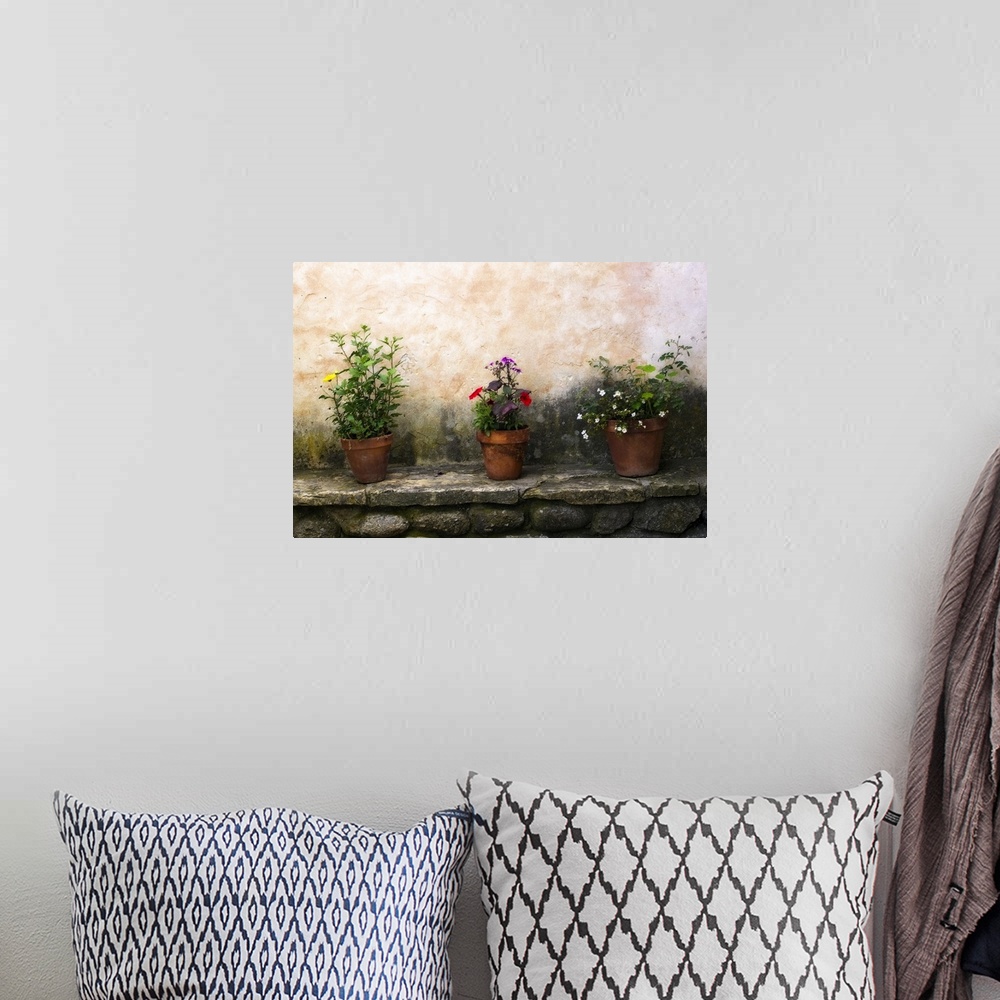 A bohemian room featuring Picture taken of three flower pots sitting on top a stone bench all with different types of flowe...