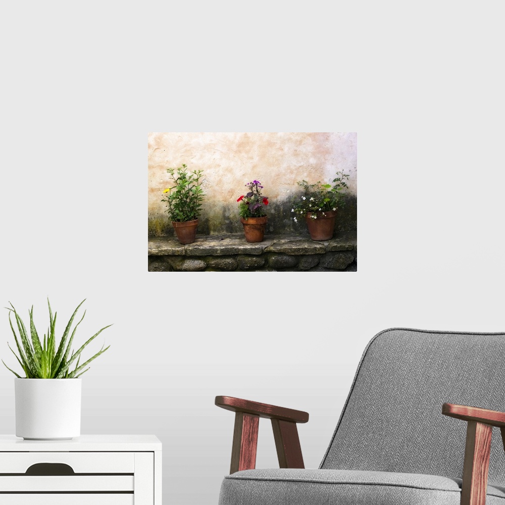 A modern room featuring Picture taken of three flower pots sitting on top a stone bench all with different types of flowe...