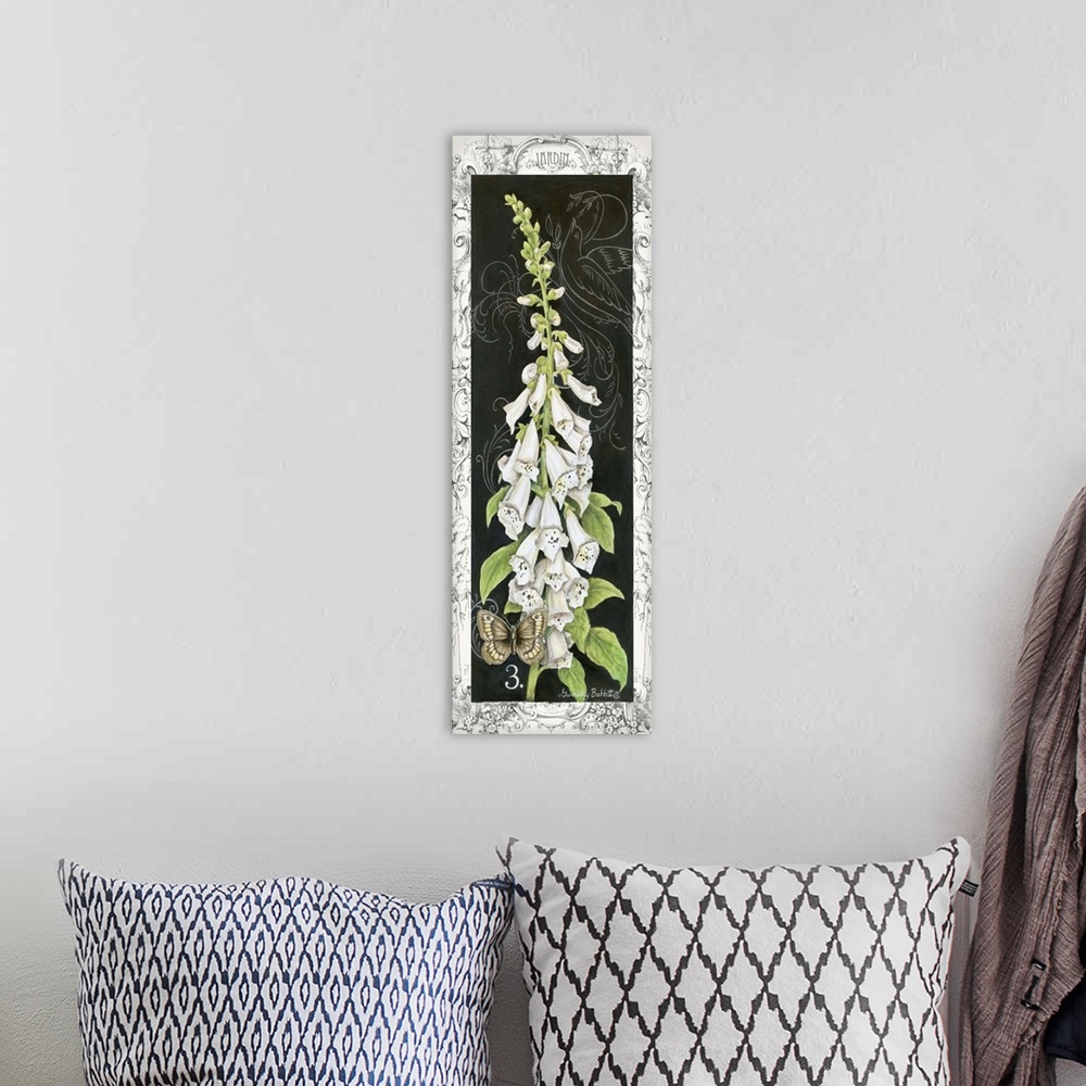 A bohemian room featuring Large panel painting of white foxgloves with a butterfly on a black background with faint white s...