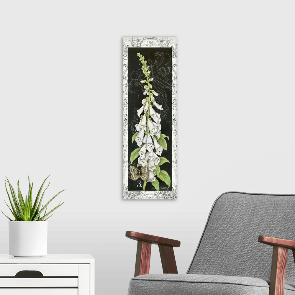 A modern room featuring Large panel painting of white foxgloves with a butterfly on a black background with faint white s...