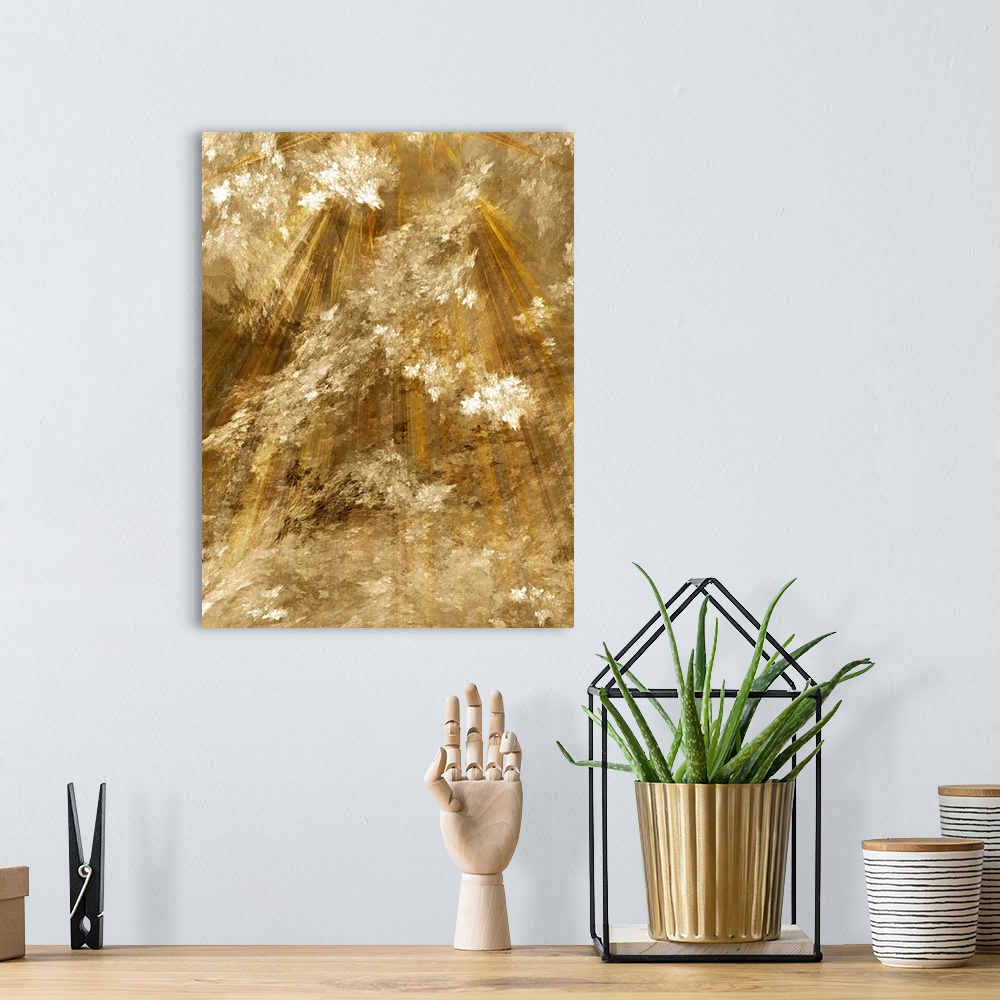 A bohemian room featuring Abstract photo manipulation of light descending down this vertical wall art for the home or office.