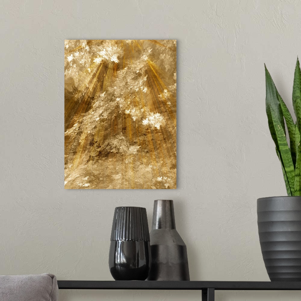 A modern room featuring Abstract photo manipulation of light descending down this vertical wall art for the home or office.