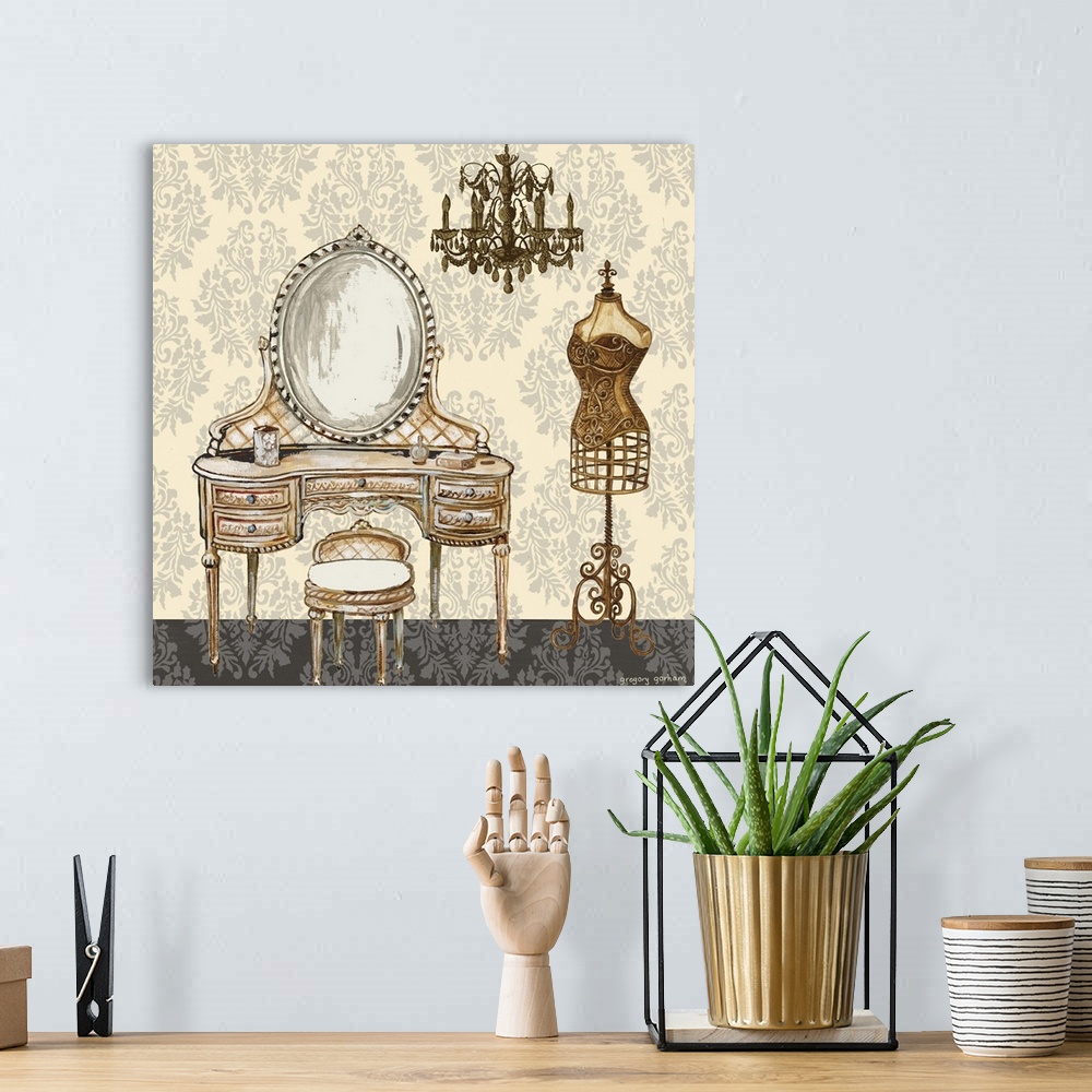 A bohemian room featuring Square painting of an antique vanity and chandelier on a cream, gray, and black designed background.