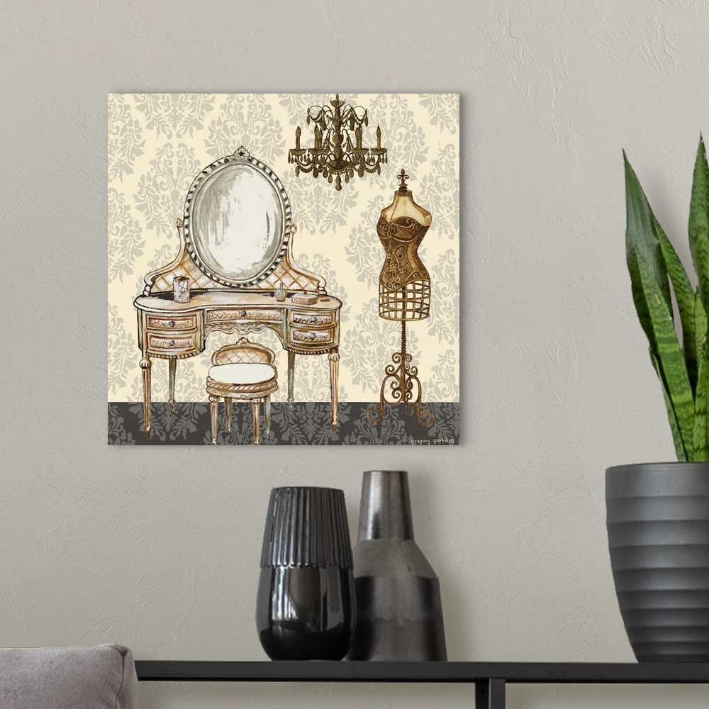 A modern room featuring Square painting of an antique vanity and chandelier on a cream, gray, and black designed background.
