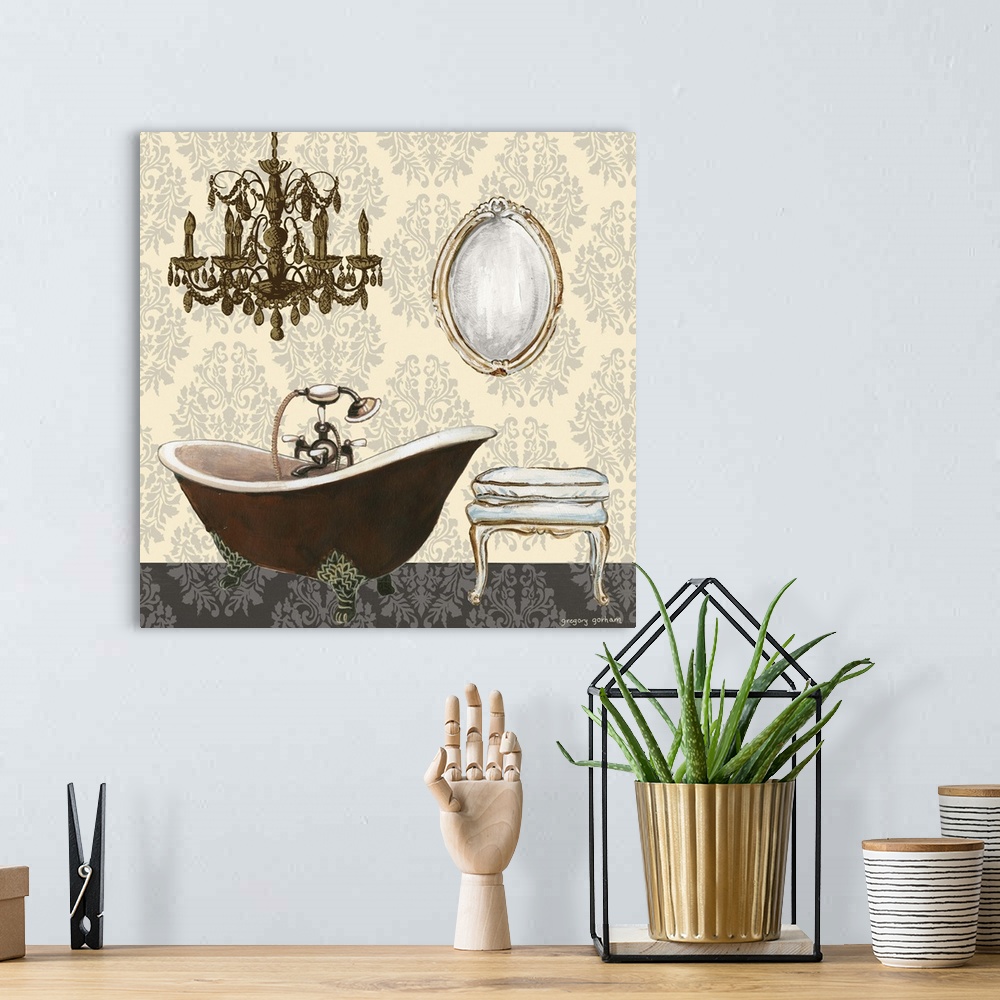 A bohemian room featuring Square painting of an antique clawfoot tub and chandelier on a cream, gray, and black designed ba...