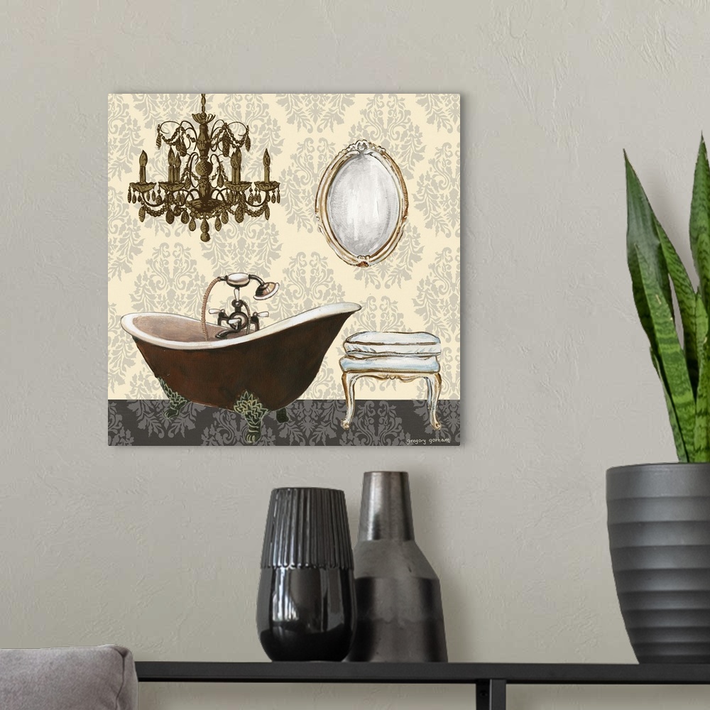 A modern room featuring Square painting of an antique clawfoot tub and chandelier on a cream, gray, and black designed ba...