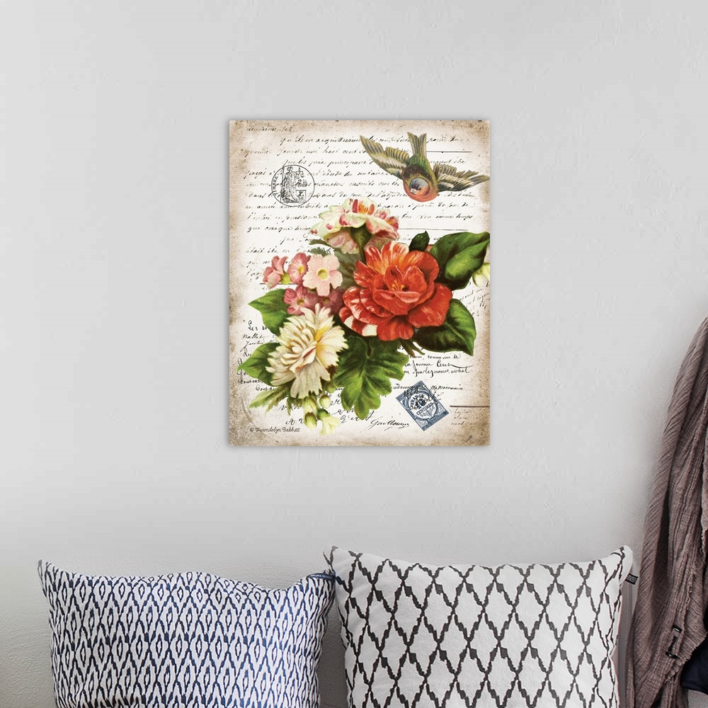 A bohemian room featuring Vintage art with a bouquet of flowers and a bird in flight on top of an old letter written in Fre...