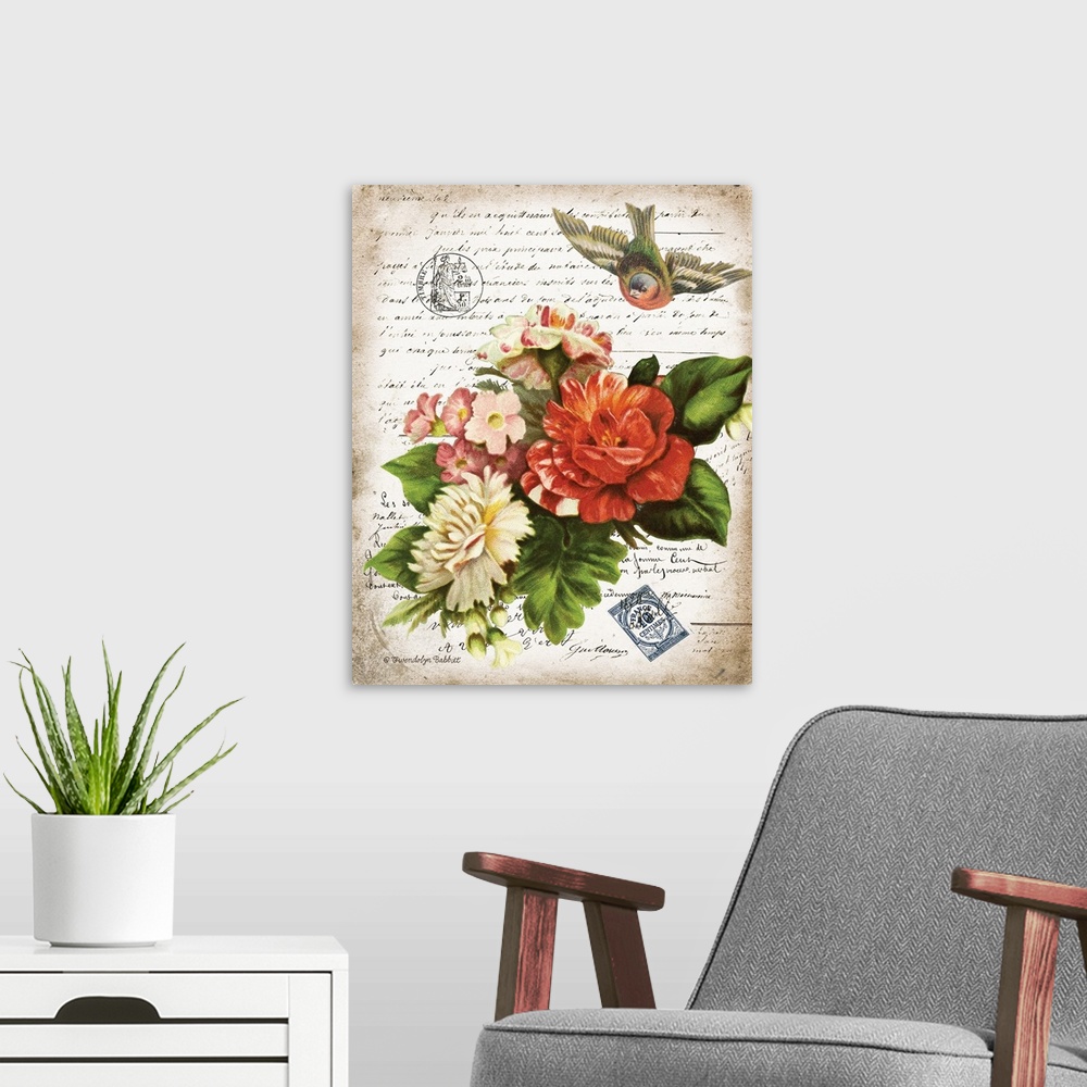 A modern room featuring Vintage art with a bouquet of flowers and a bird in flight on top of an old letter written in Fre...