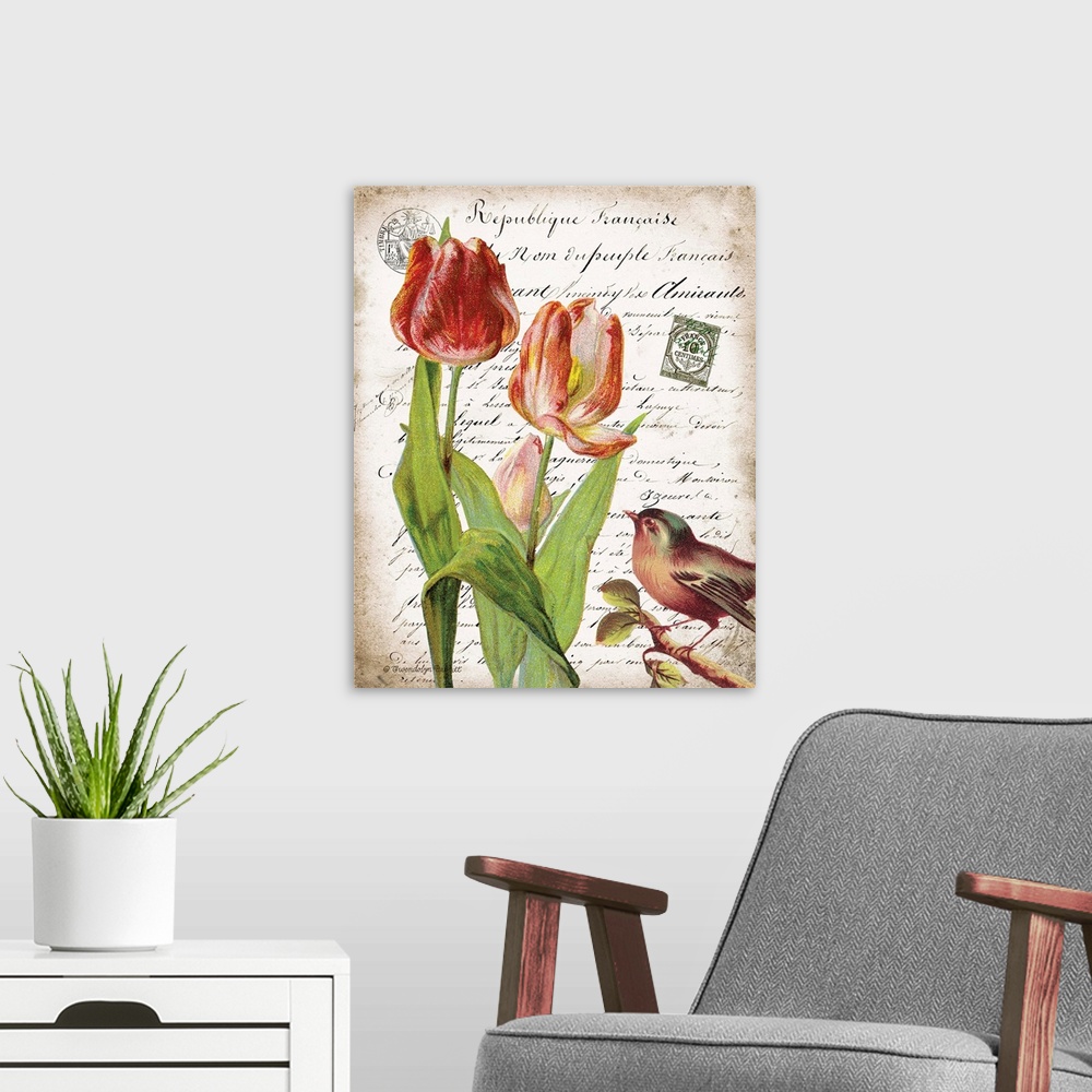 A modern room featuring Vintage art with three tulips and a bird on top of an old letter written in French.