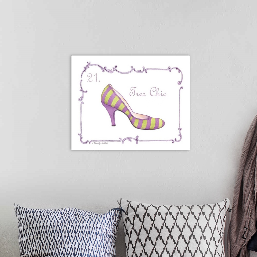 A bohemian room featuring French fashion themed illustration of a purple and green striped high heel shoe with "Tres Chic" ...