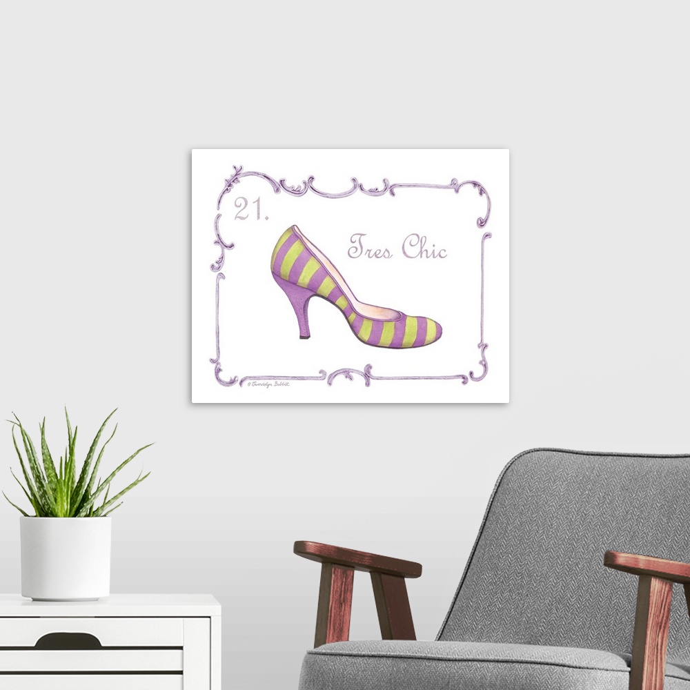 A modern room featuring French fashion themed illustration of a purple and green striped high heel shoe with "Tres Chic" ...