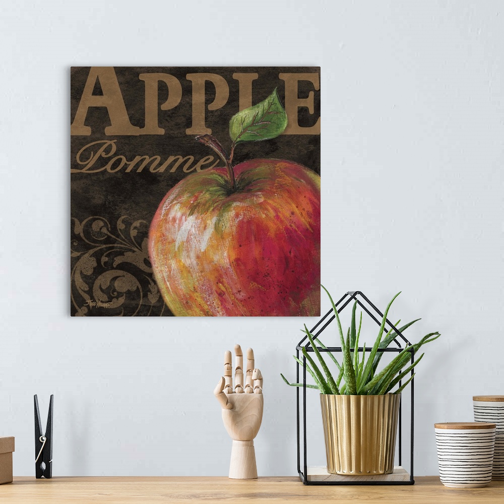 A bohemian room featuring Square kitchen decor with an illustration of an apple in the foreground and the word "Apple" writ...