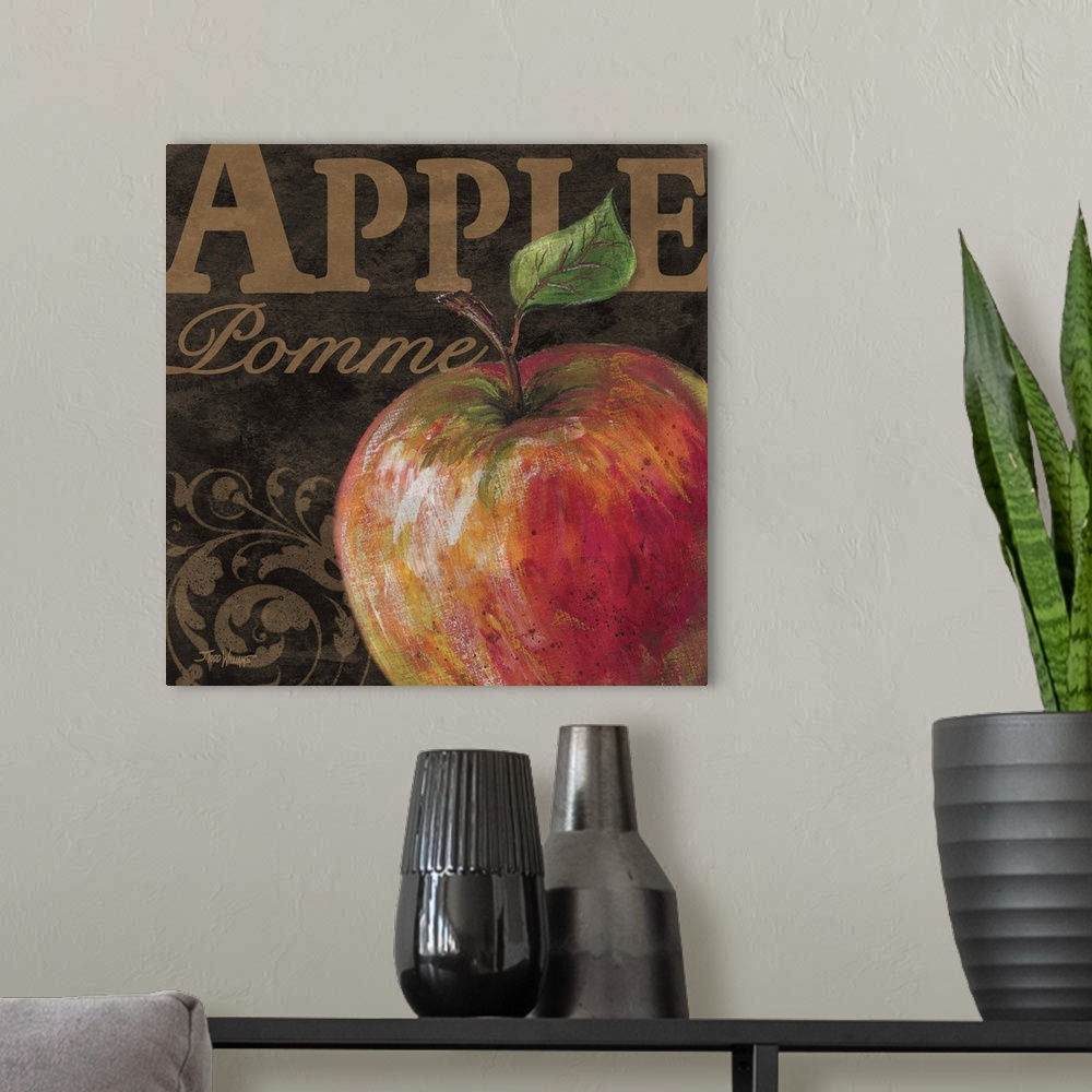 A modern room featuring Square kitchen decor with an illustration of an apple in the foreground and the word "Apple" writ...