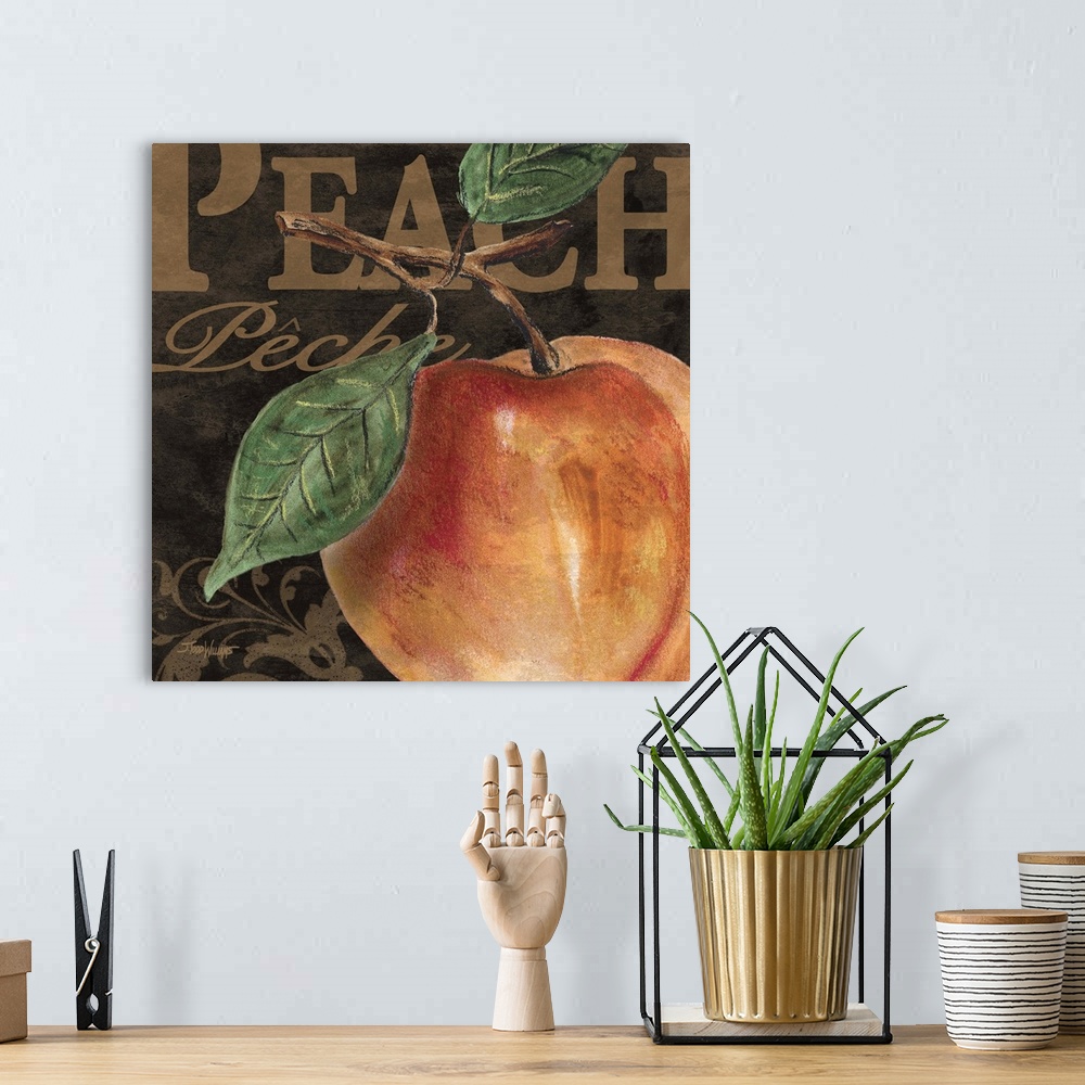 A bohemian room featuring Square kitchen decor with an illustration of a peach in the foreground and the word "Apple" writt...