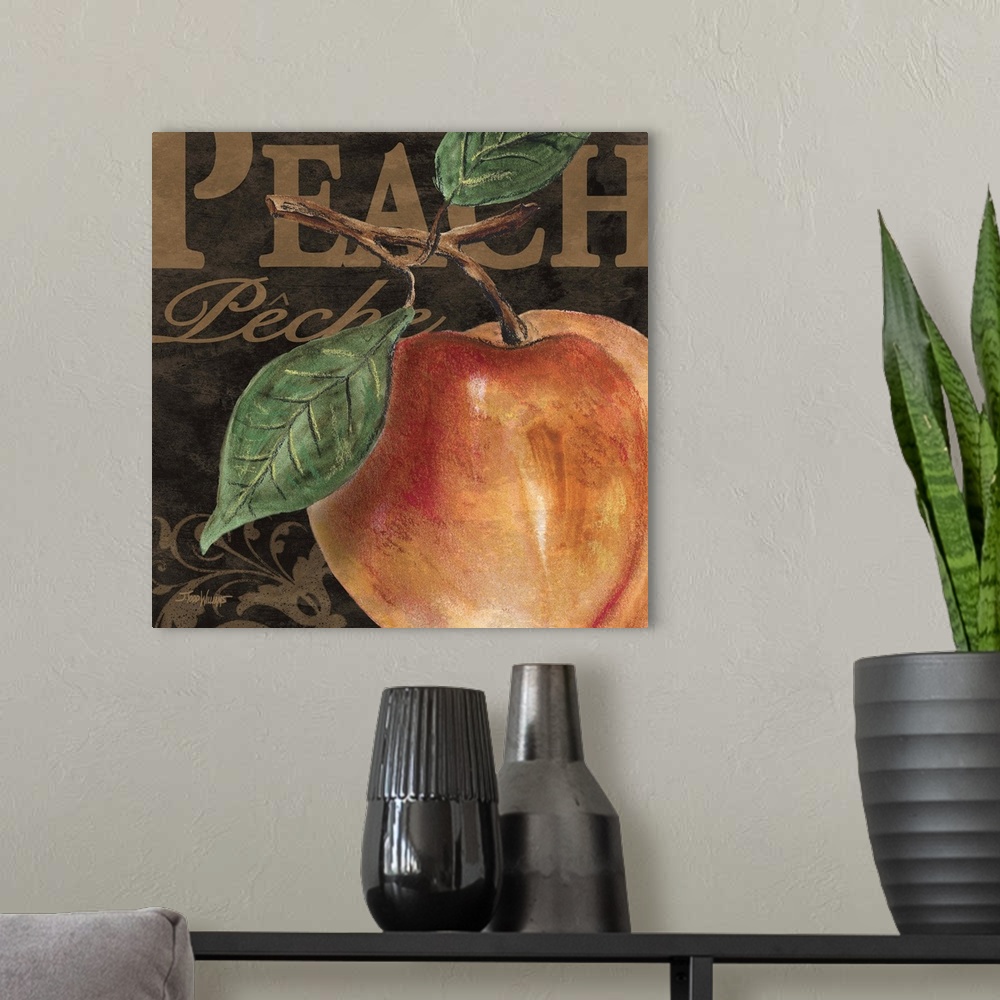 A modern room featuring Square kitchen decor with an illustration of a peach in the foreground and the word "Apple" writt...