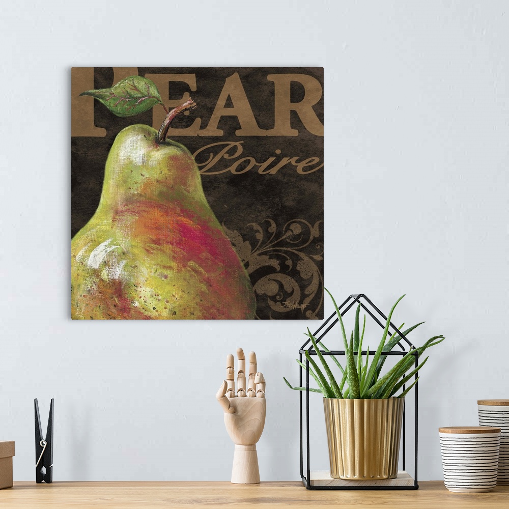 A bohemian room featuring Square kitchen decor with an illustration of a pear in the foreground and the word "Apple" writte...