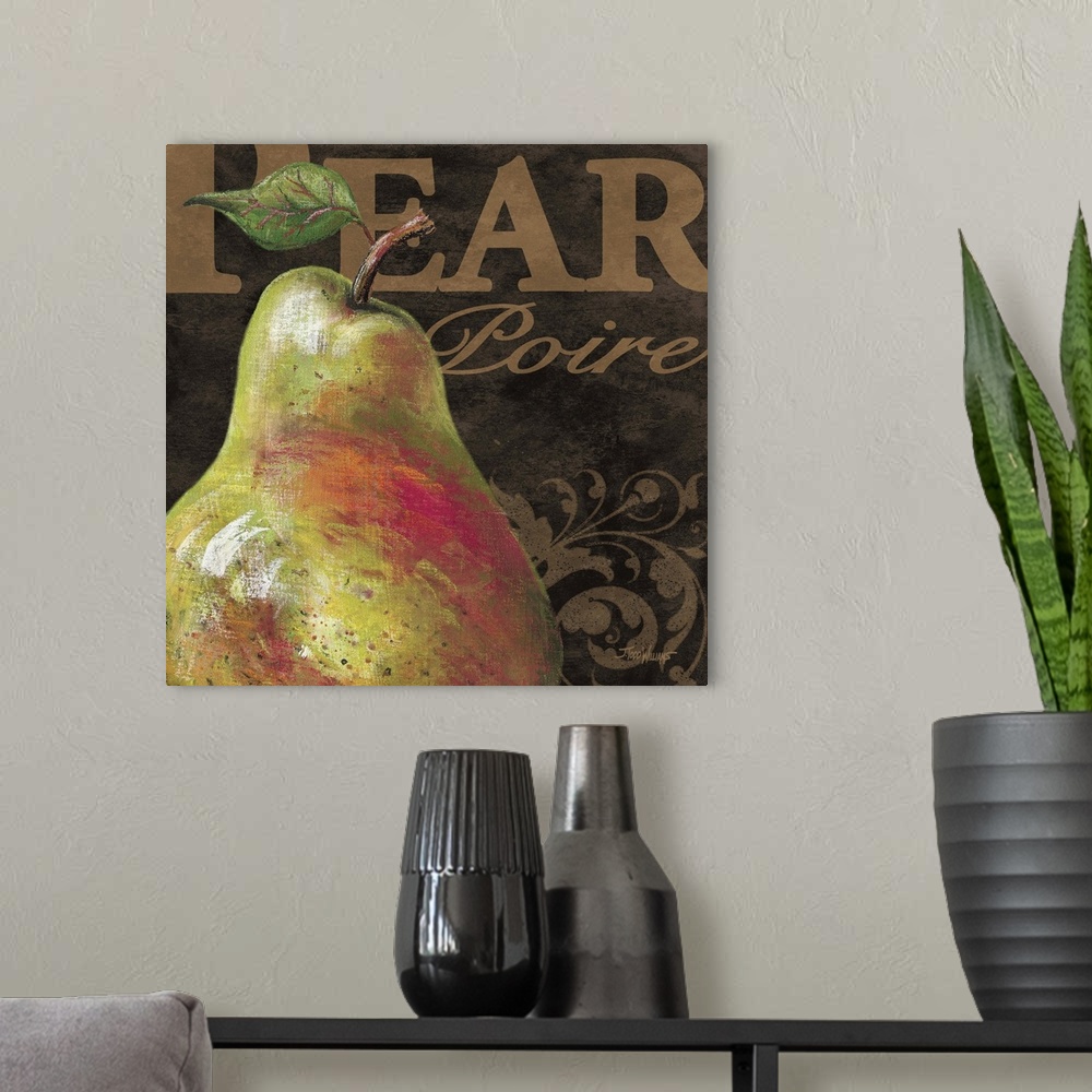 A modern room featuring Square kitchen decor with an illustration of a pear in the foreground and the word "Apple" writte...