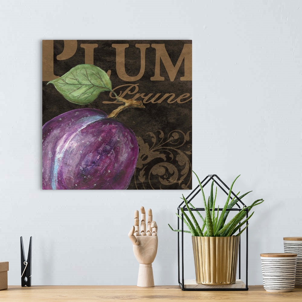 A bohemian room featuring Square kitchen decor with an illustration of a plum in the foreground and the word "Apple" writte...
