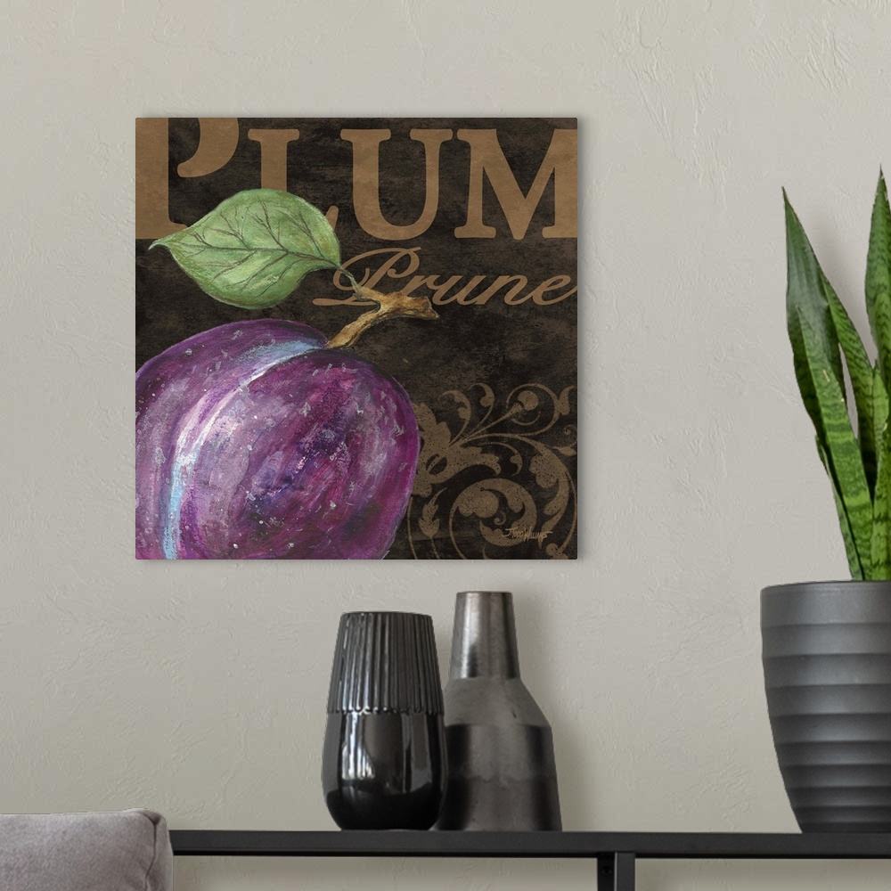 A modern room featuring Square kitchen decor with an illustration of a plum in the foreground and the word "Apple" writte...