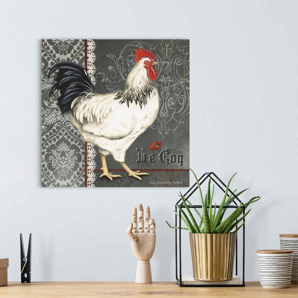 A bohemian room featuring Decorative square art with an illustration of a rooster with a lacy grey and white designed backg...