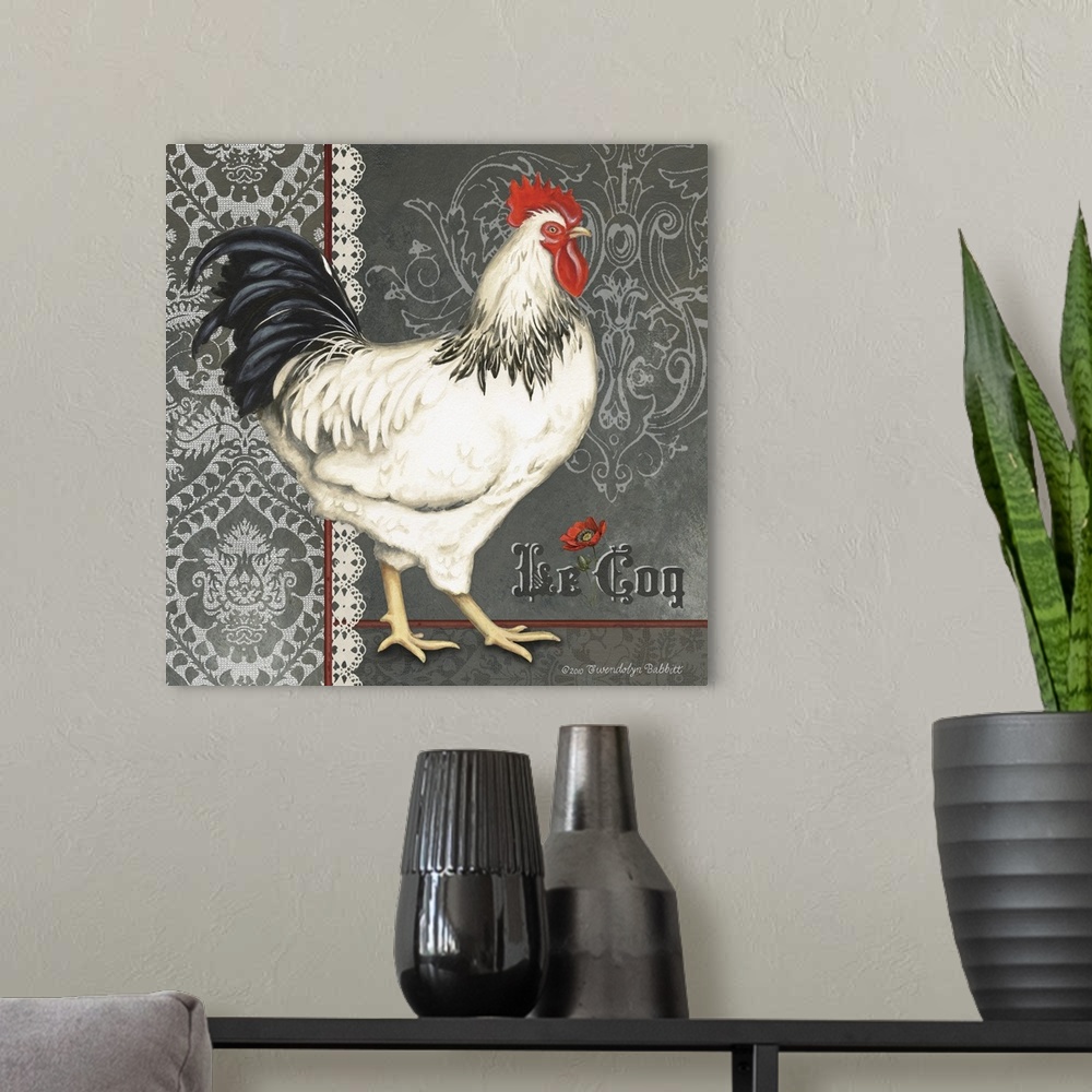 A modern room featuring Decorative square art with an illustration of a rooster with a lacy grey and white designed backg...