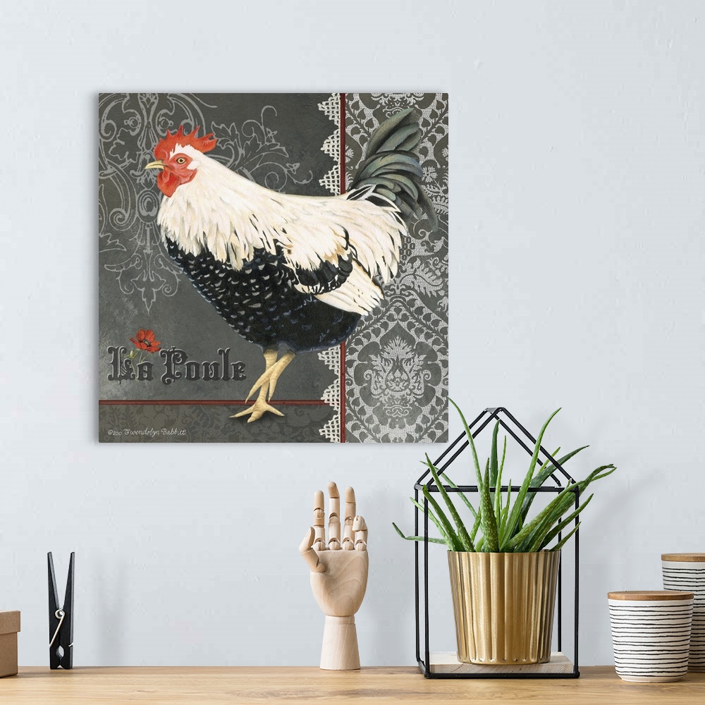 A bohemian room featuring Decorative square art with an illustration of a chicken with a lacy grey and white designed backg...