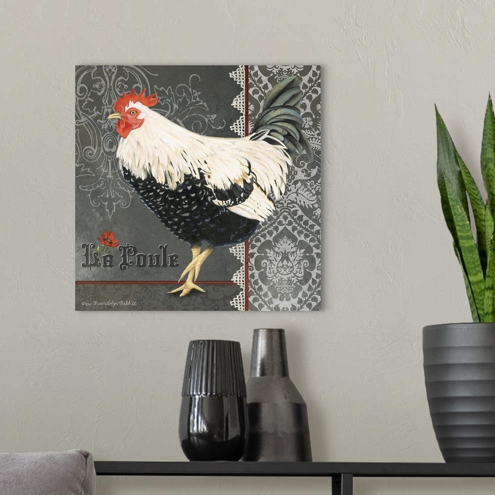 A modern room featuring Decorative square art with an illustration of a chicken with a lacy grey and white designed backg...