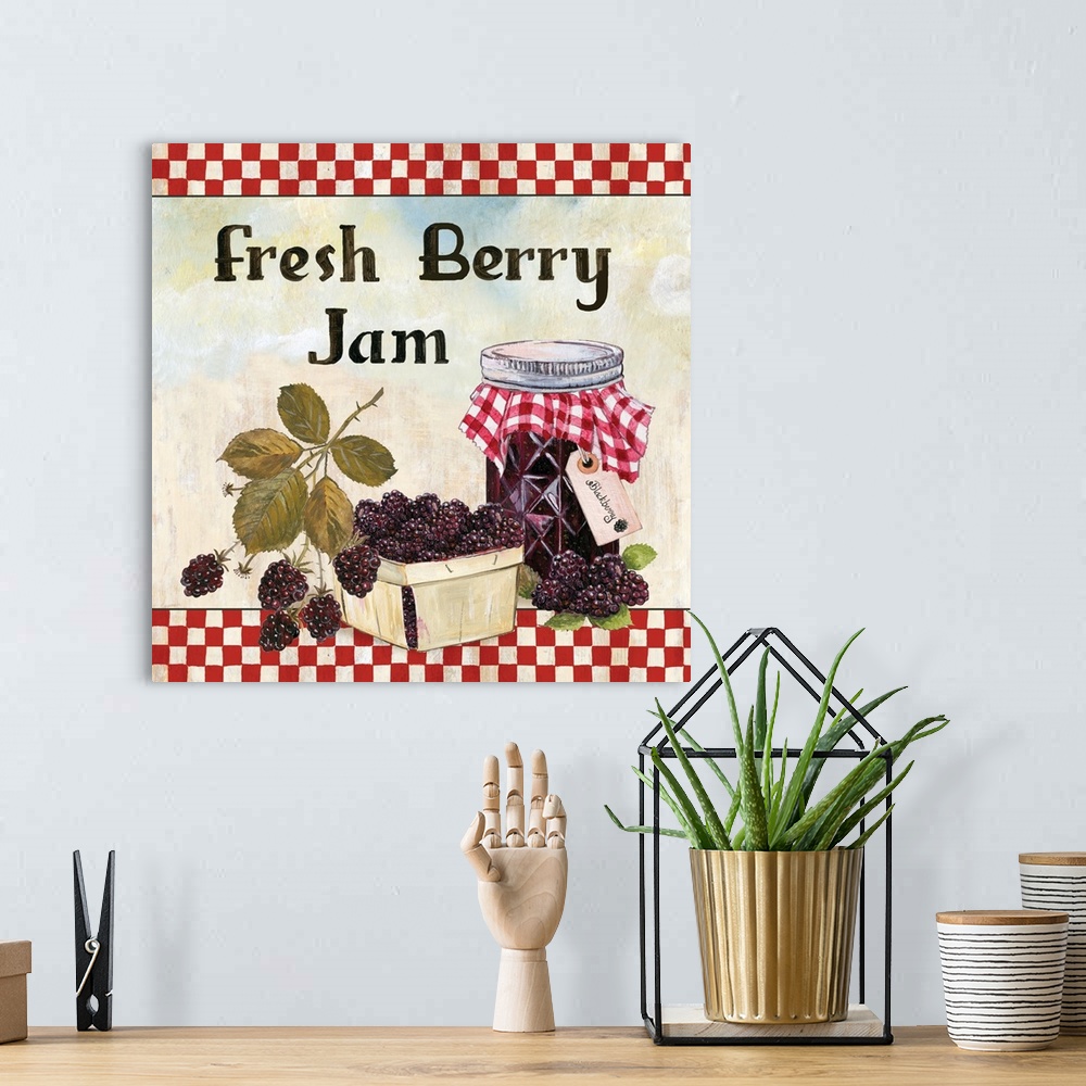 A bohemian room featuring Square painting with a basket of blackberries and a jar of blackberry jam.