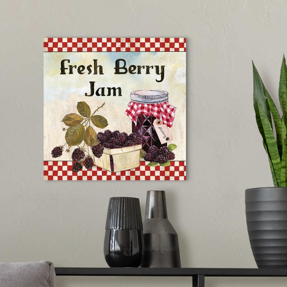 A modern room featuring Square painting with a basket of blackberries and a jar of blackberry jam.
