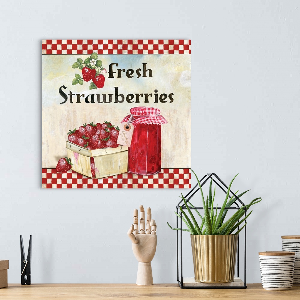 A bohemian room featuring Square painting with a basket of strawberries and a jar of strawberry jam.