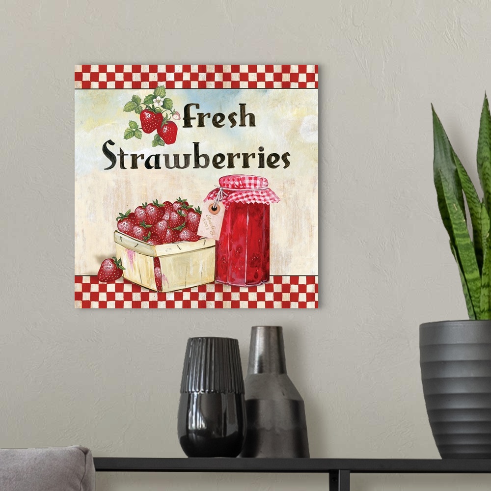 A modern room featuring Square painting with a basket of strawberries and a jar of strawberry jam.