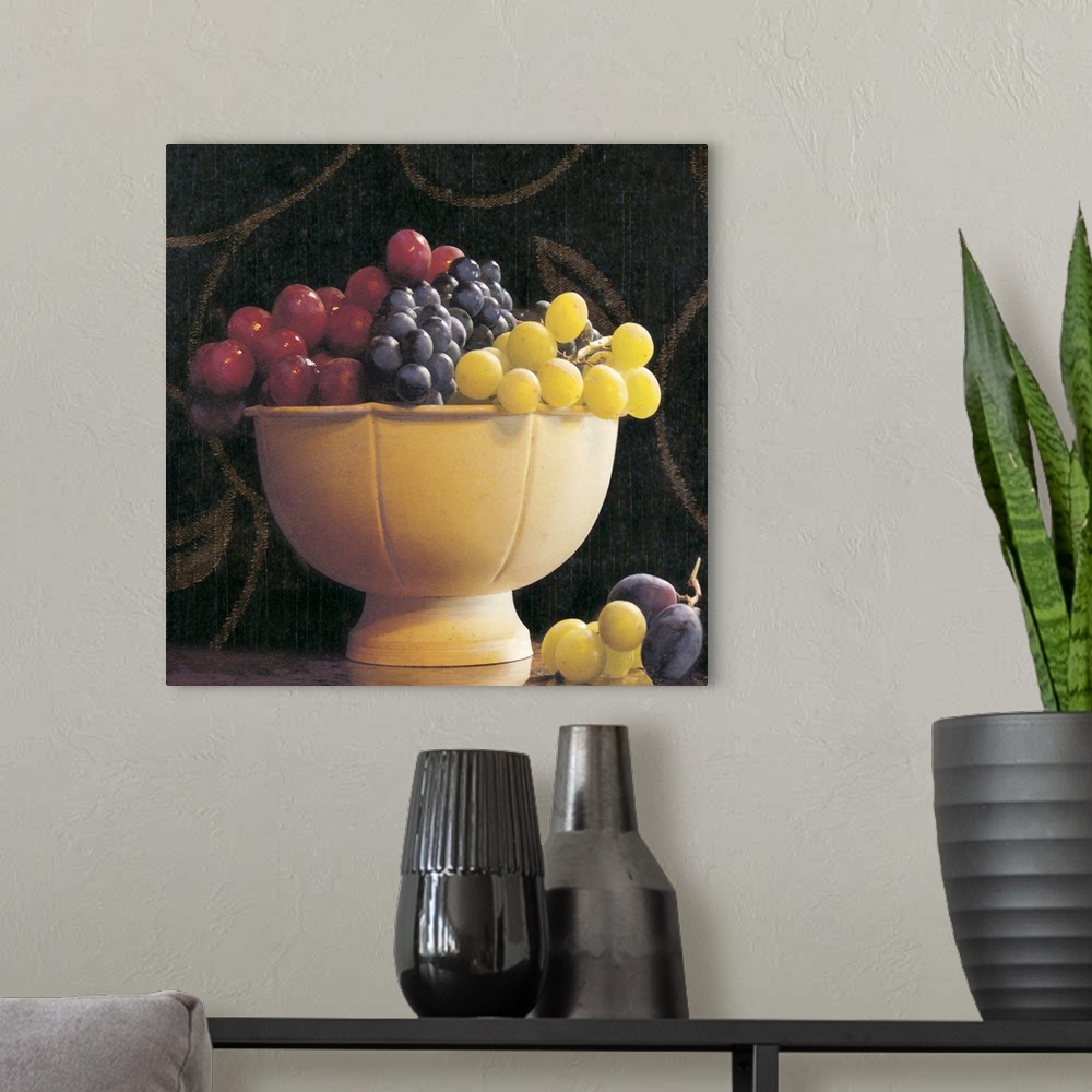 A modern room featuring This still life photograph has been edited to appear like a classic painting of three different t...