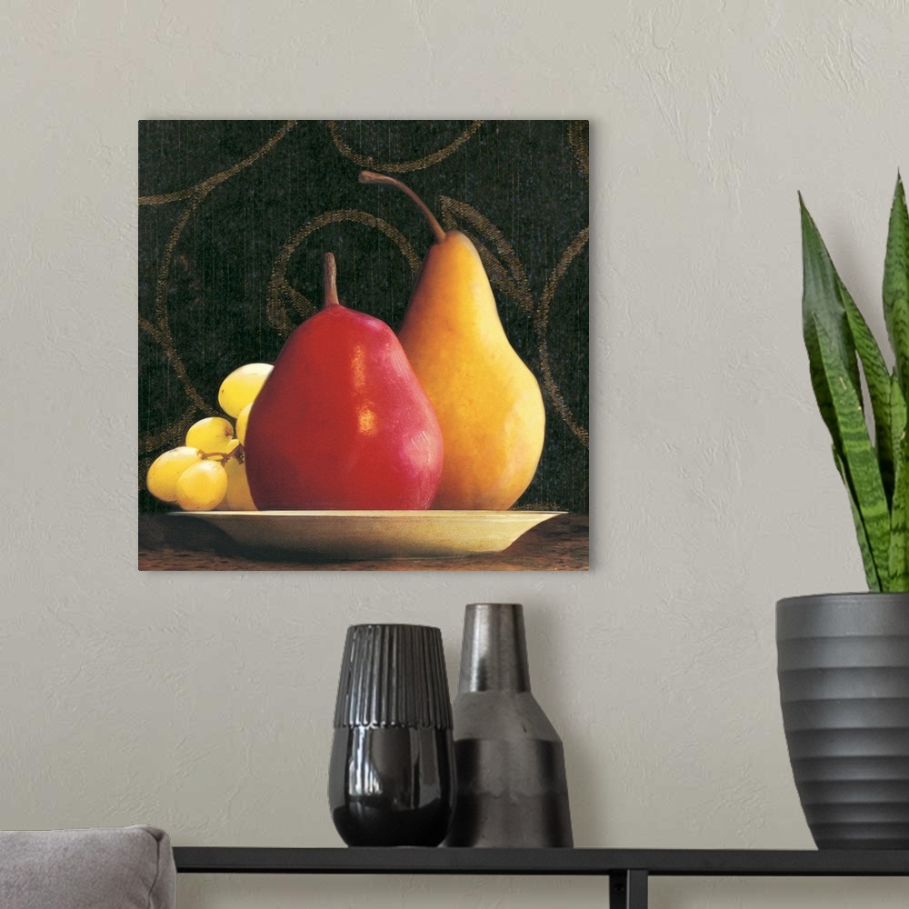 A modern room featuring Two pears and a bunch of grapes on a plate with a wallpapered background.