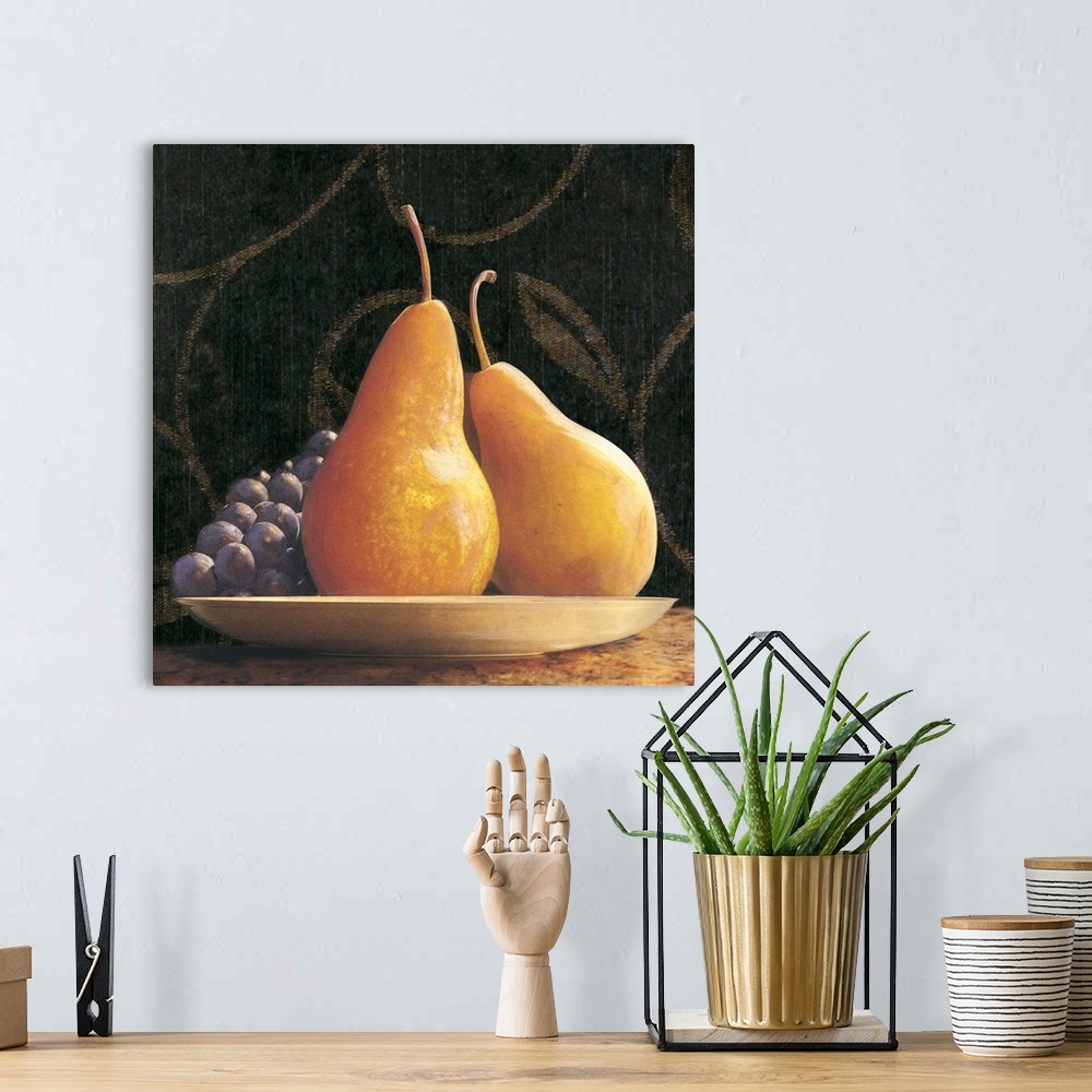 A bohemian room featuring Decorative painting of a still life consisting of two pears and grapes in a shallow bowl against ...