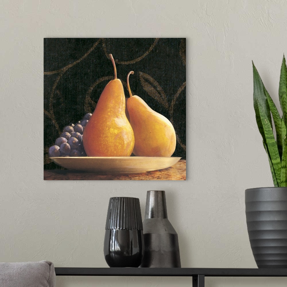 A modern room featuring Decorative painting of a still life consisting of two pears and grapes in a shallow bowl against ...