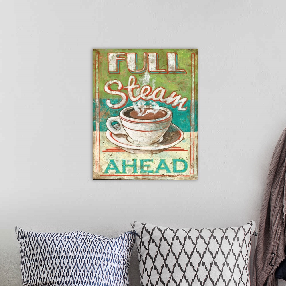 A bohemian room featuring Retro-style poster advertising a steaming mug of coffee.