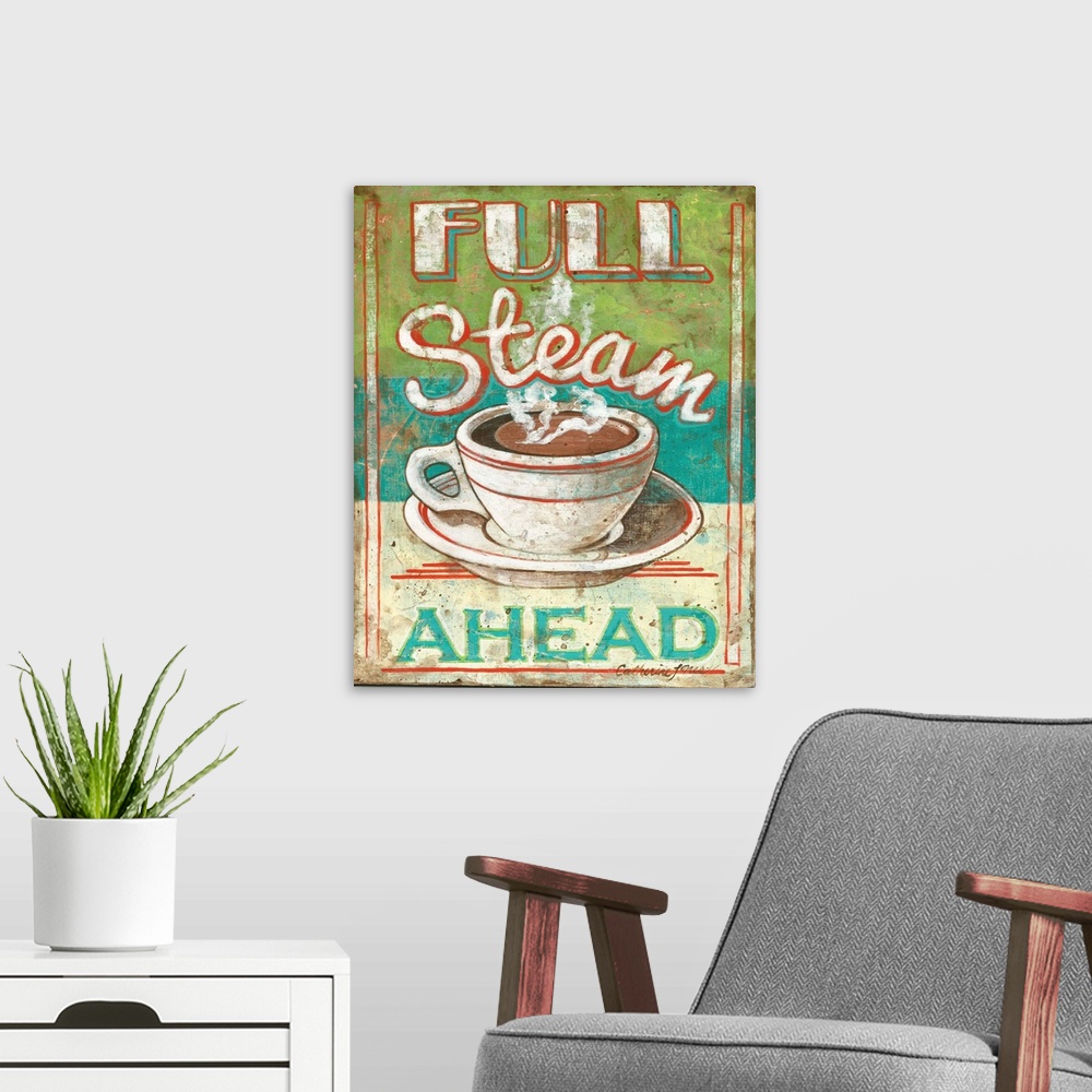 A modern room featuring Retro-style poster advertising a steaming mug of coffee.