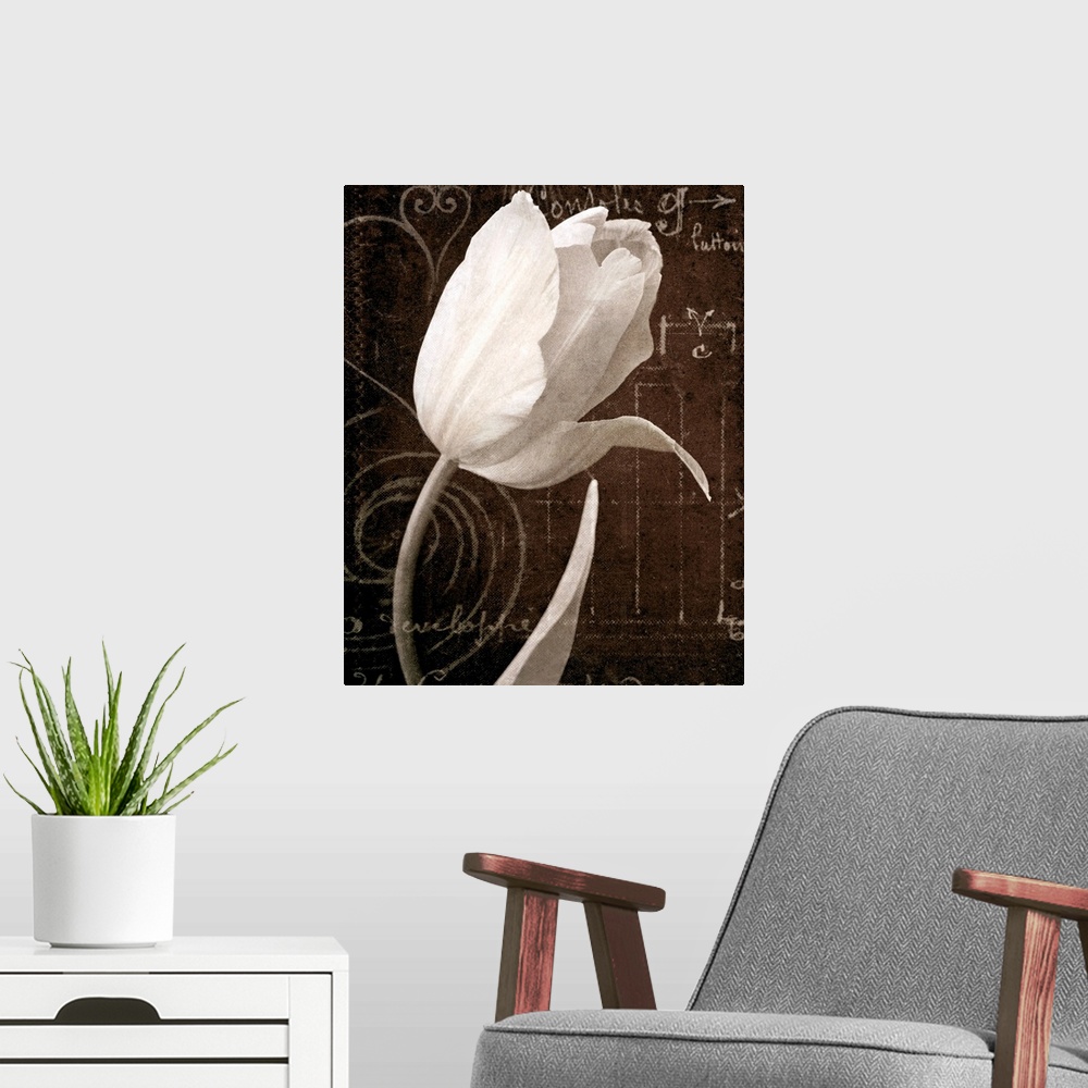 A modern room featuring Huge floral art focuses on a close-up of a single flower against a backdrop filled with hearts, a...