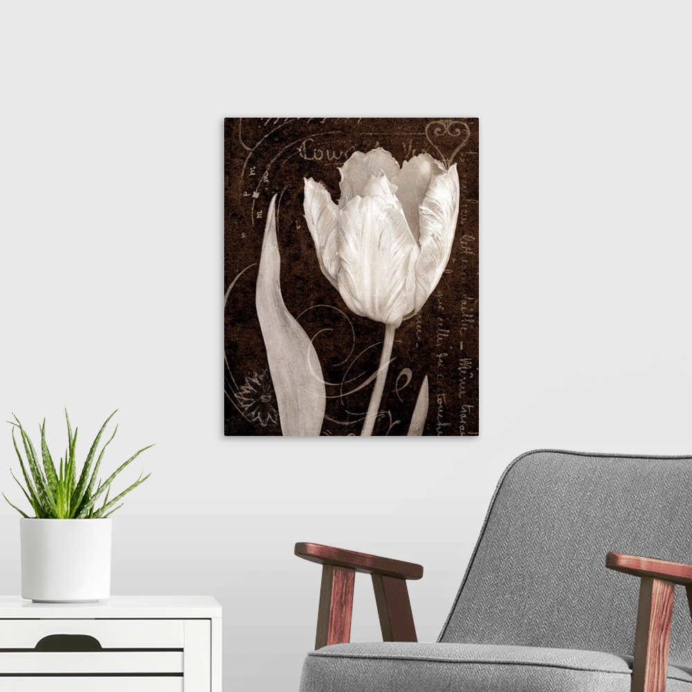 A modern room featuring Giant monochromatic floral art accents a single tulip flower sitting in front of a slightly textu...