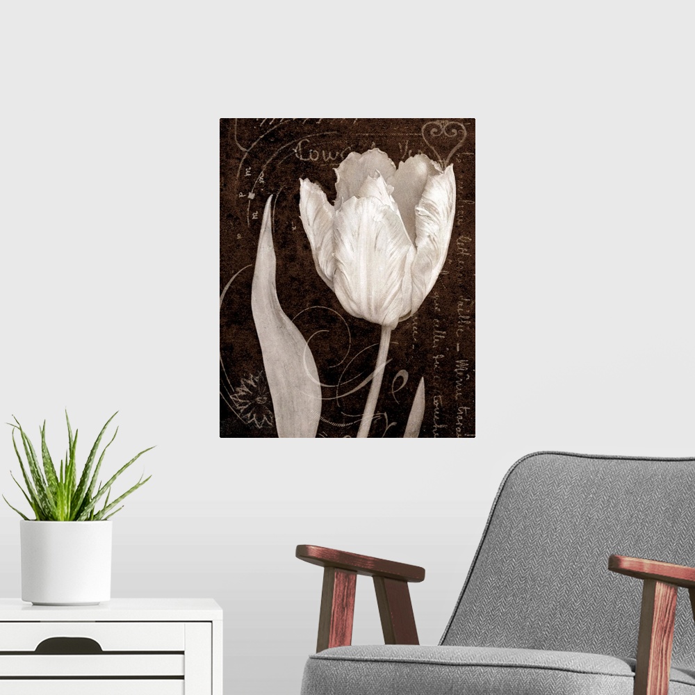 A modern room featuring Giant monochromatic floral art accents a single tulip flower sitting in front of a slightly textu...