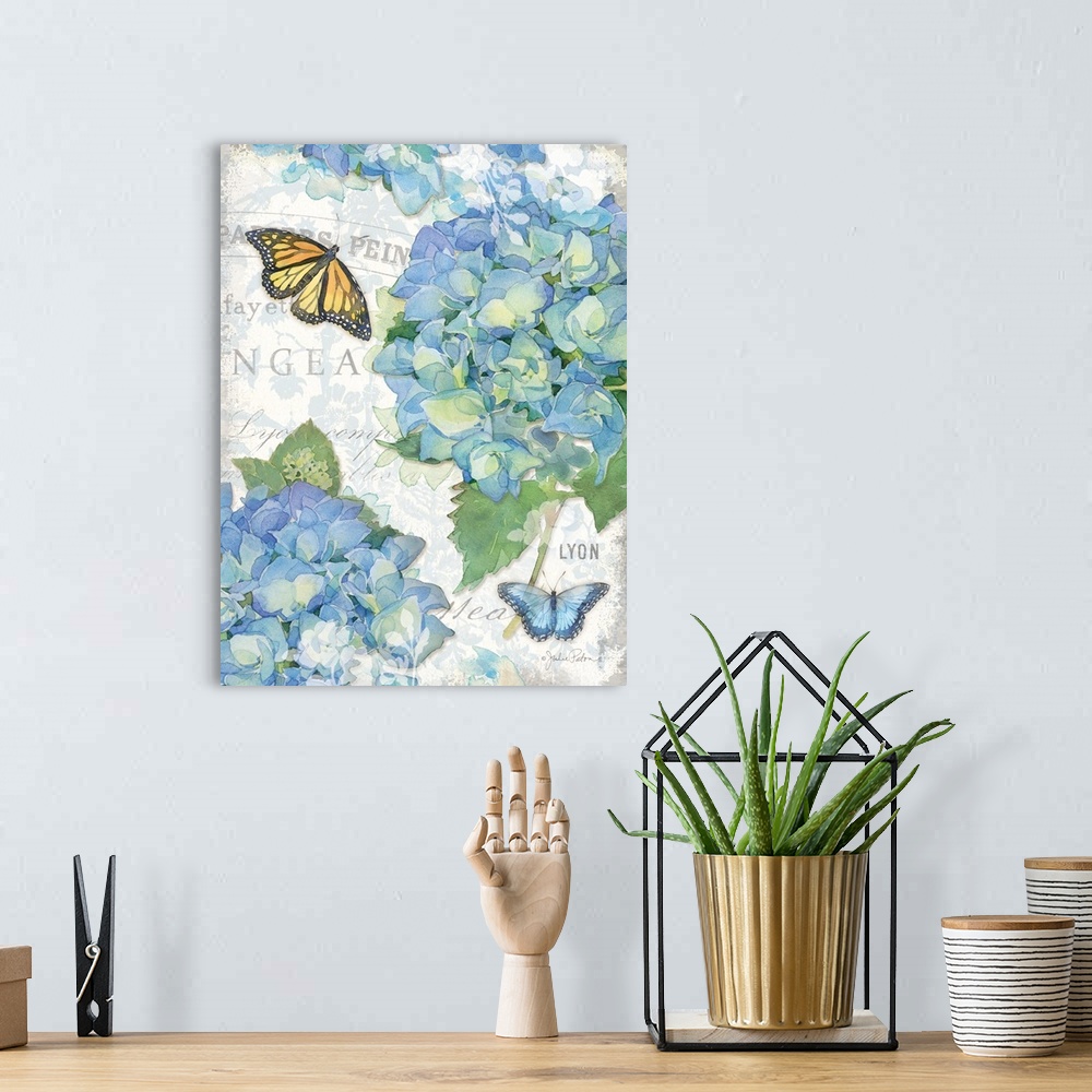 A bohemian room featuring Bundles of blue hydrangeas with two butterflies on a decorative background with grey text.