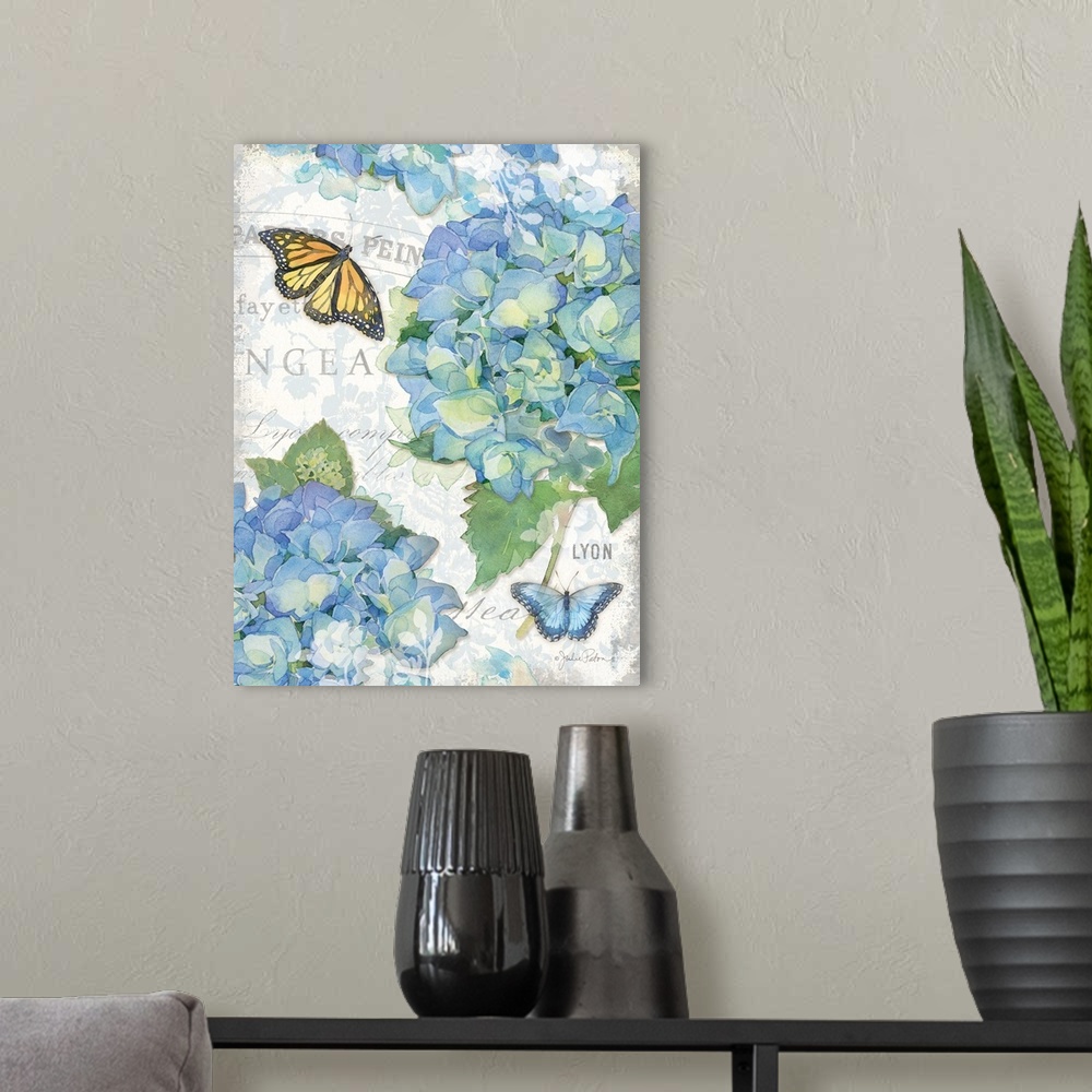 A modern room featuring Bundles of blue hydrangeas with two butterflies on a decorative background with grey text.