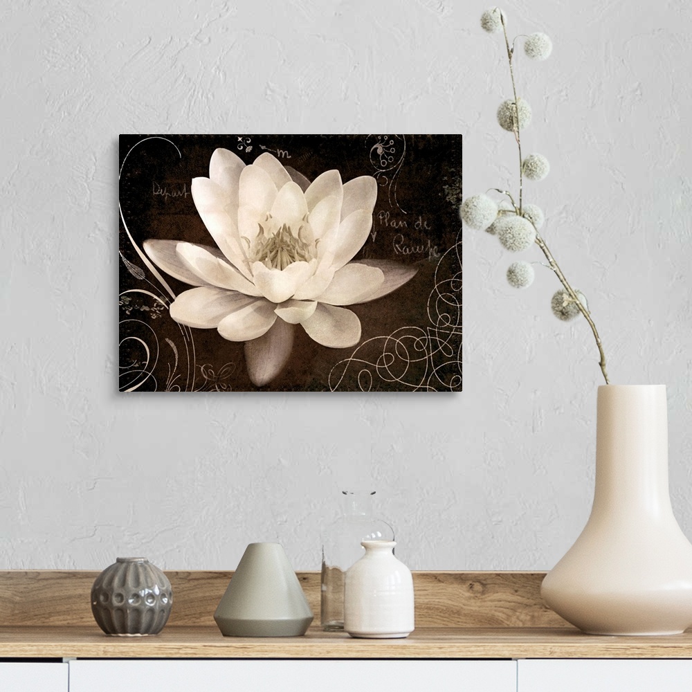 A farmhouse room featuring Giant canvas art includes a close-up of a flower surrounded by a number of curved accent lines an...