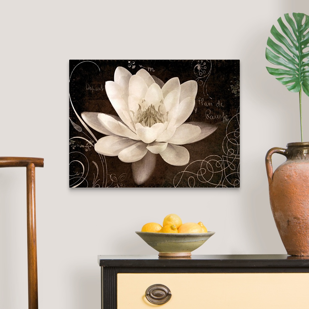 A traditional room featuring Giant canvas art includes a close-up of a flower surrounded by a number of curved accent lines an...