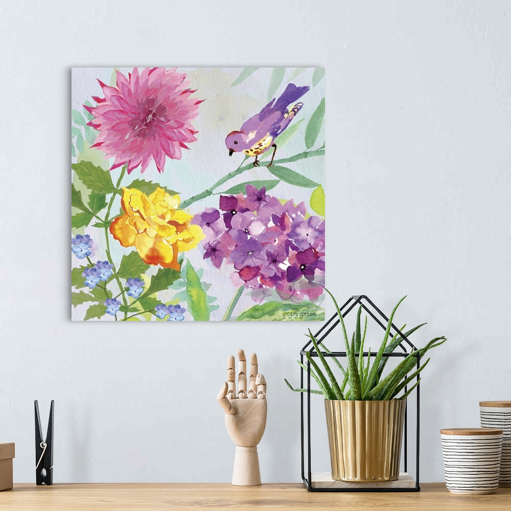 A bohemian room featuring Decorative square art with a purple and yellow bird on a branch surrounded by purple, pink, yello...